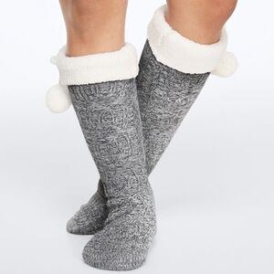 Victoria's Secret PINK OS Sherpa Lined Socks Cable Knit Knee High Pom Poms Gray